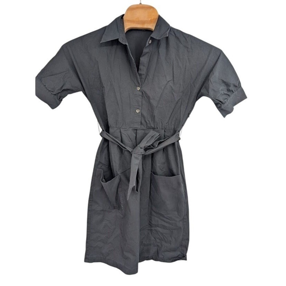 Theory Women's Collar Black Short Sleeve Button Down Belted Dress sz 10